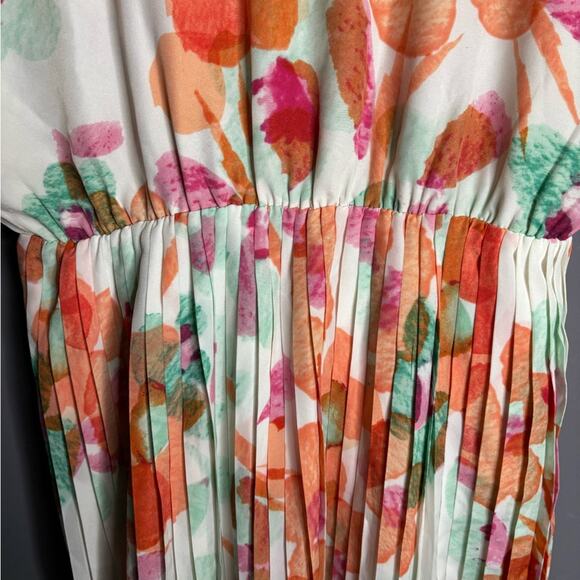 MM Couture White and Orange Floral Cold Shoulder Dress With Pleating Size Large - Picture 3 of 6